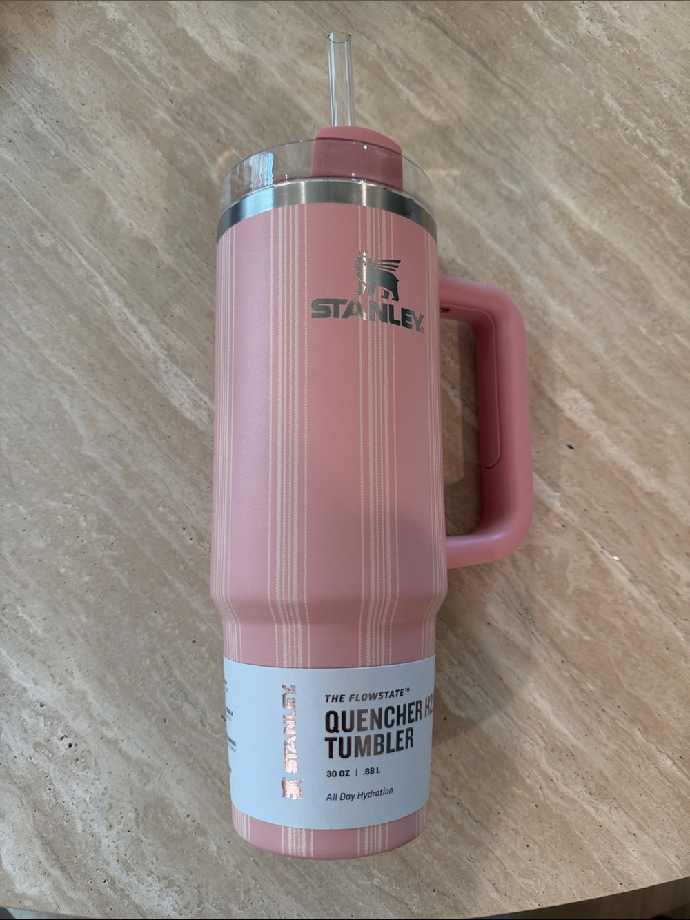 New Stanley Pink striped Quencher Tumbler with Handle and Straw